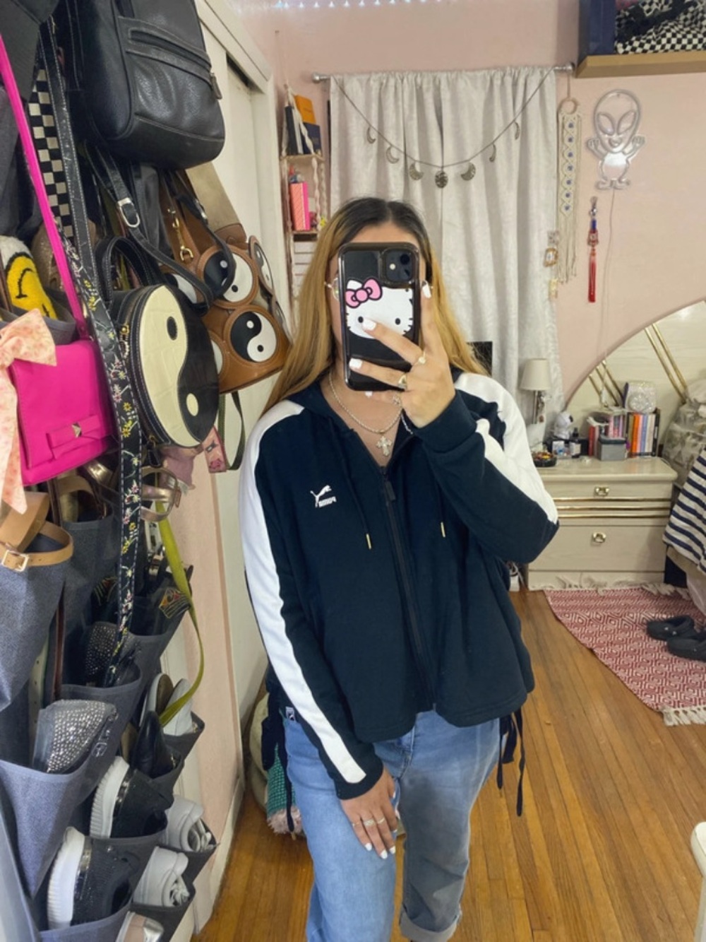 Puma Black Zip-Up Bomber Jacket with White Stripes